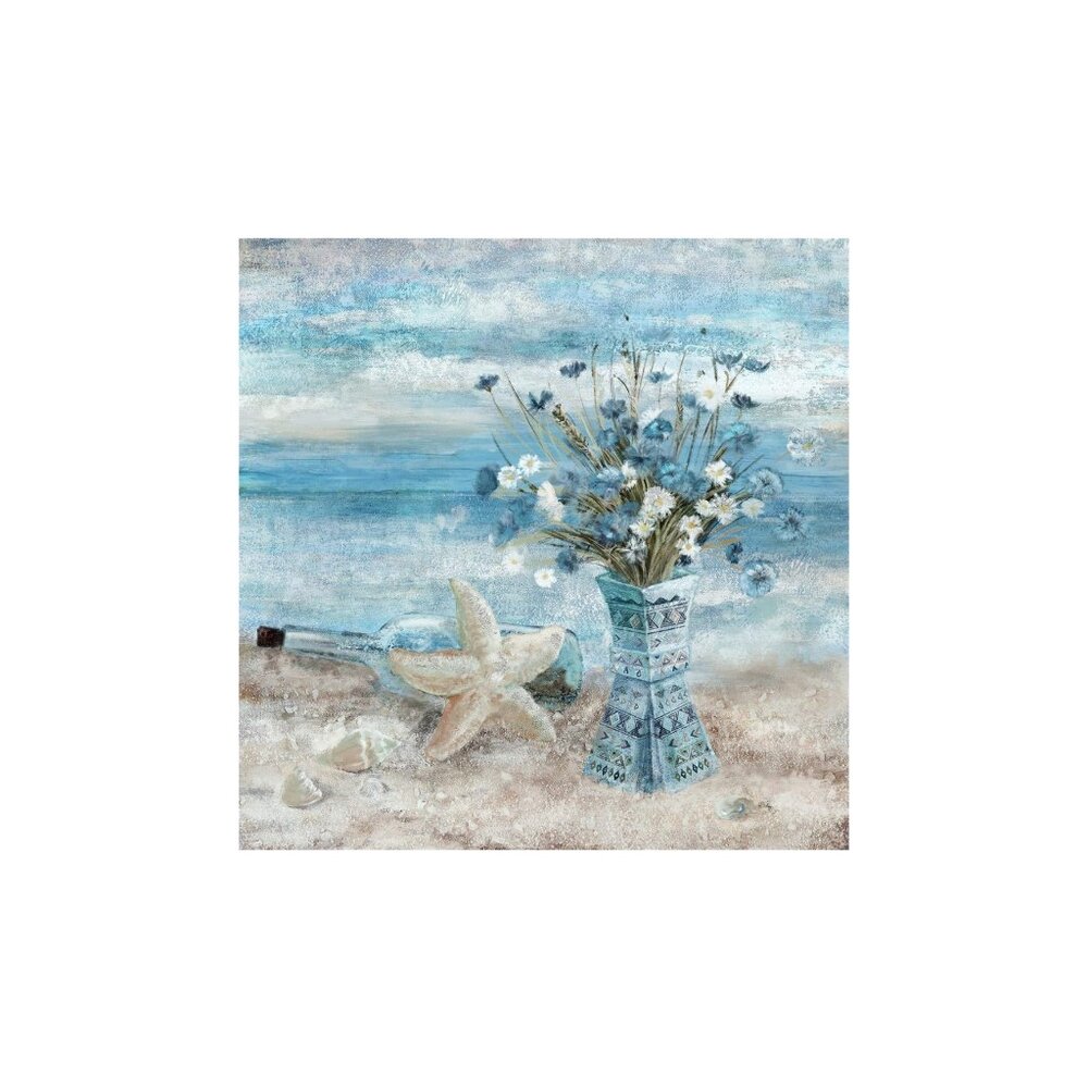 Blue Beach Ocean Theme Flower  Unframed Canvas Wall Art 16" X 16"